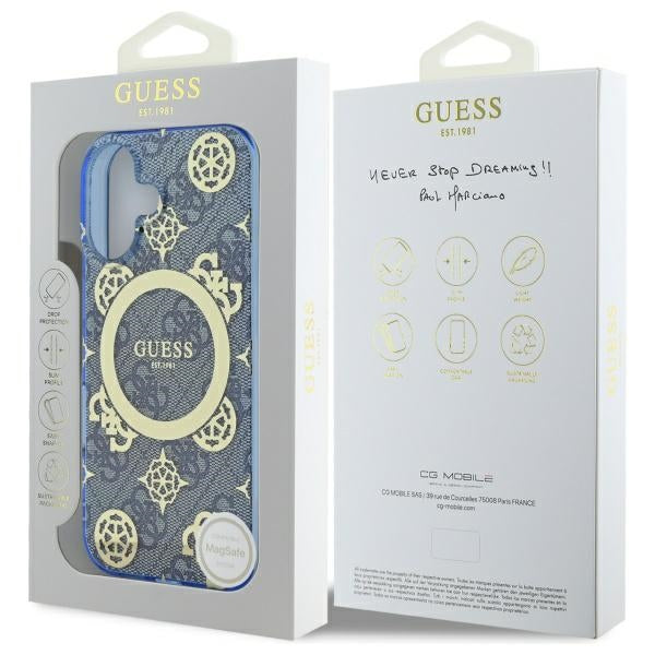 Guess IML Peony On 4G Background MagSafe case for iPhone 16 - blue