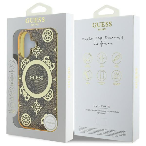 Guess IML Peony On 4G Background MagSafe iPhone 16 Case - Brown