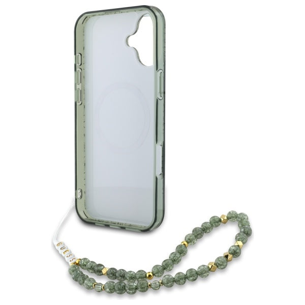 Guess IML Flowers Allover Electro With Pearl Strap MagSafe case for iPhone 16 - green