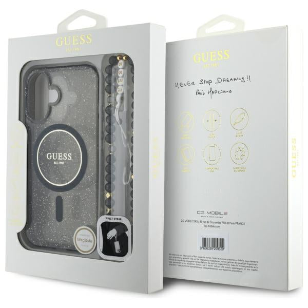 Guess IML Glitter With Pearl Strap MagSafe case for iPhone 16 - black