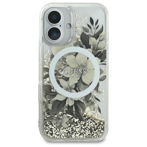Guess Liquid Glitter Flower MagSafe iPhone 16 Case - Beige