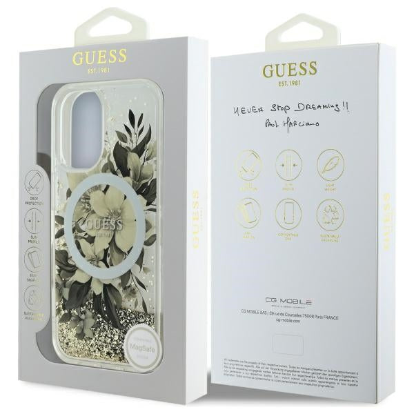 Guess Liquid Glitter Flower MagSafe iPhone 16 Case - Beige