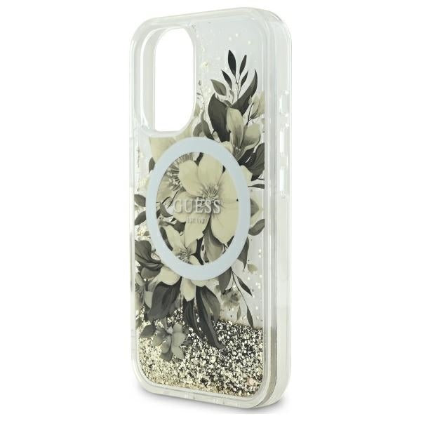 Guess Liquid Glitter Flower MagSafe iPhone 16 Case - Beige