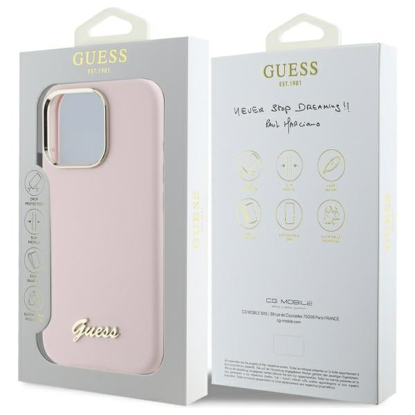 Guess Silicone Script Metal Logo &amp; Frame iPhone 16 Pro Max Case - Pink