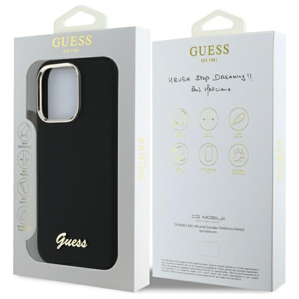Guess Silicone Script Metal Logo &amp; Frame Case for iPhone 16 Pro - Black