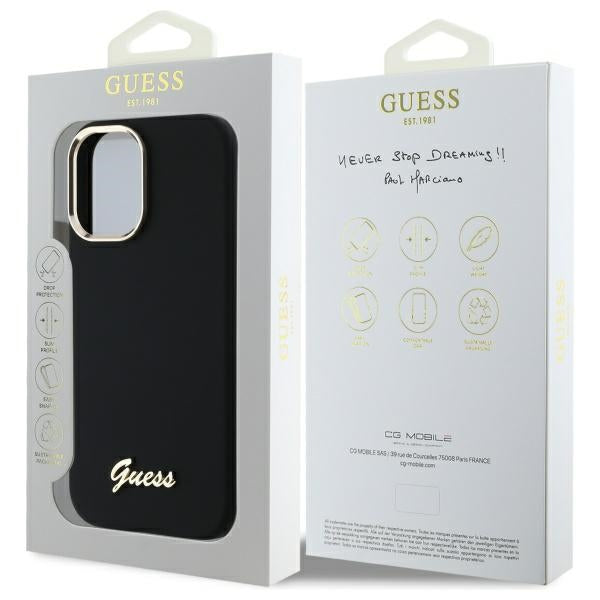 Guess Silicone Script Metal Logo &amp; Frame Case for iPhone 16 - Black