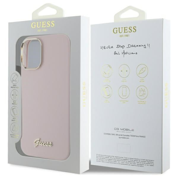 Guess Silicone Script Metal Logo &amp; Frame iPhone 16 Case - Pink