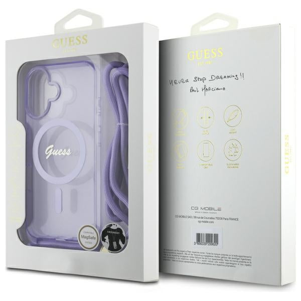 Guess Crossbody Cord Script MagSafe iPhone 16 Case - Purple