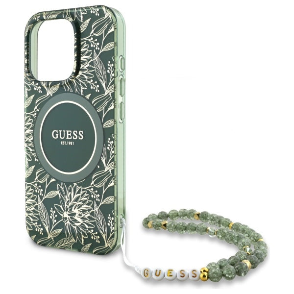 Guess IML Flowers Allover Electro With Pearl Strap MagSafe case for iPhone 16 Pro Max - green