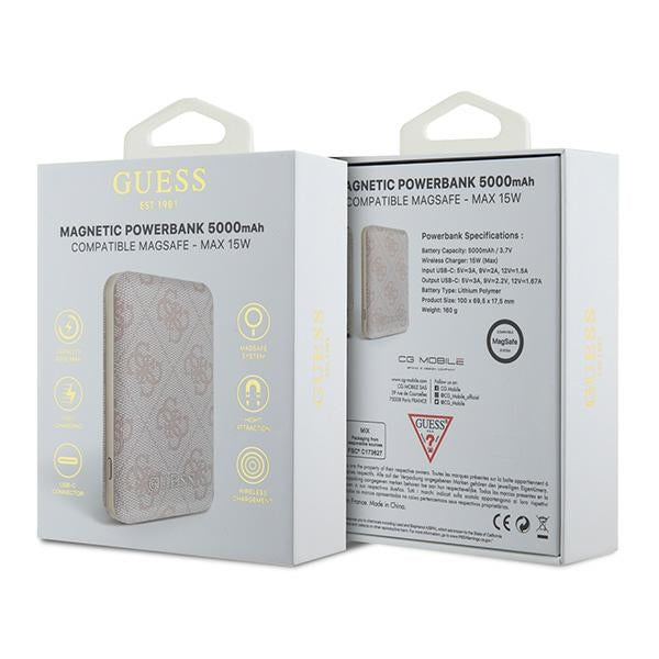 Guess Powerbank inductive 15W GUPB5FP4EMGP 5000mAh pink/pink 4G Leather Metal Logo MagSafe