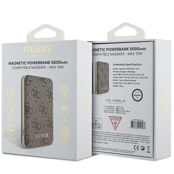 Guess Powerbank inductive 15W GUPB5FP4EMGW 5000mAh brown/brown 4G Leather Metal Logo MagSafe
