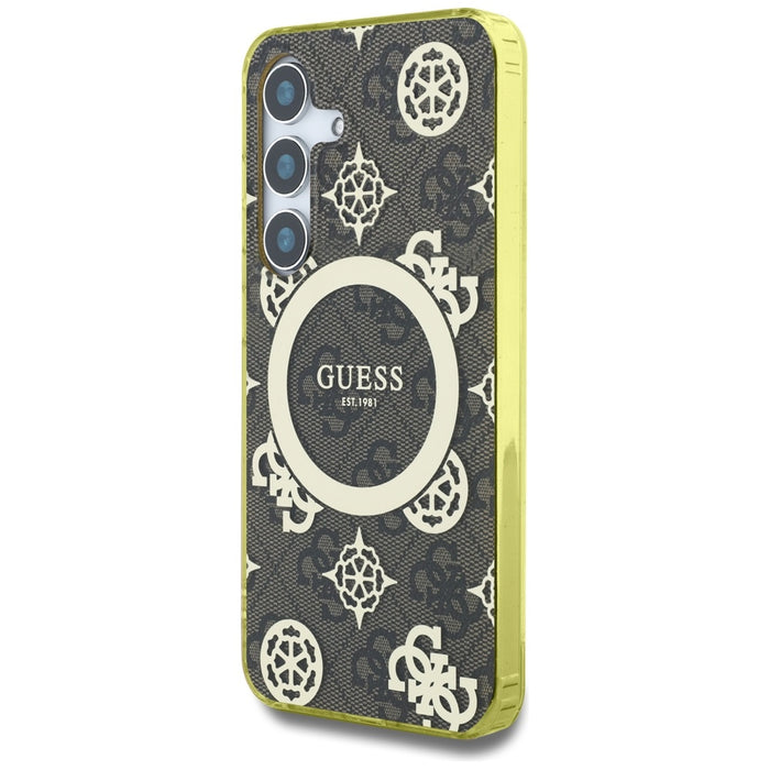 Guess 4G Background Gold Electroplated Peony Pattern MagSafe case for Samsung Galaxy S25 brown