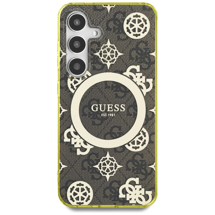 Guess 4G Background Gold Electroplated Peony Pattern MagSafe case for Samsung Galaxy S25 brown