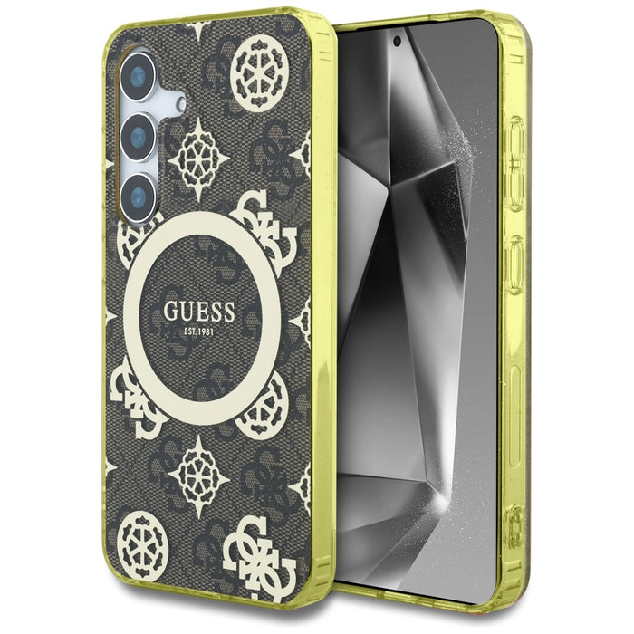 Guess 4G Background Gold Electroplated Peony Pattern MagSafe case for Samsung Galaxy S25 brown