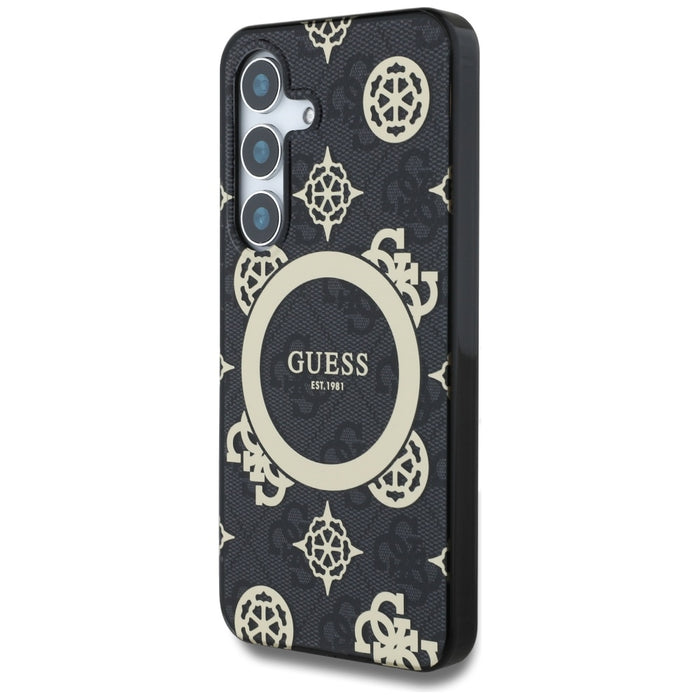 Guess 4G Background Gold Electroplated Peony Pattern MagSafe case for Samsung Galaxy S25 black