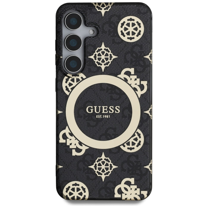 Guess 4G Background Gold Electroplated Peony Pattern MagSafe case for Samsung Galaxy S25 black