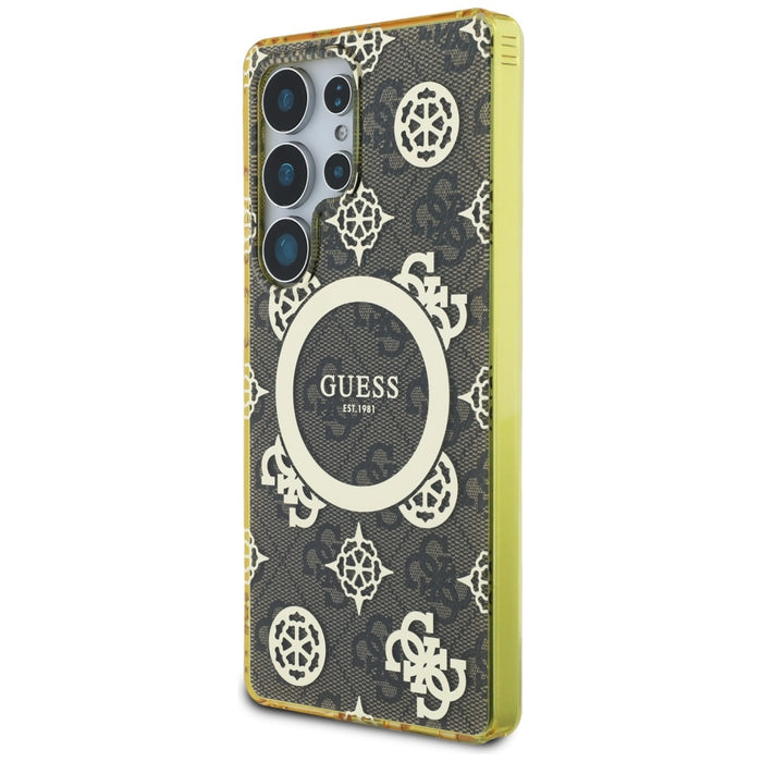 Guess 4G Background Gold Electroplated Peony Pattern MagSafe Case for Samsung Galaxy S25 Ultra Brown