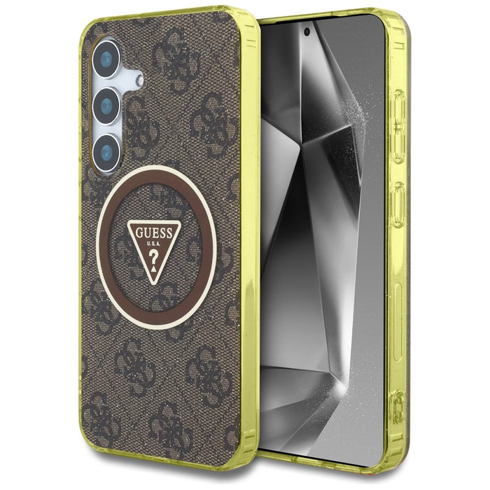 Guess 4G Glitter Triangle Buttons MagSafe Case for Samsung Galaxy S25 Brown