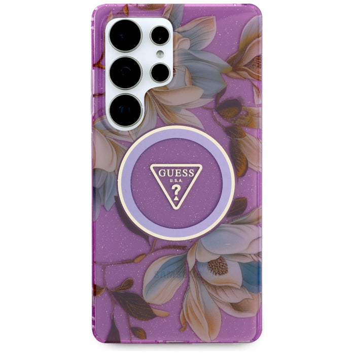 Guess Glitter Flowers Triangle Buttons MagSafe case for Samsung Galaxy S25 Ultra - purple