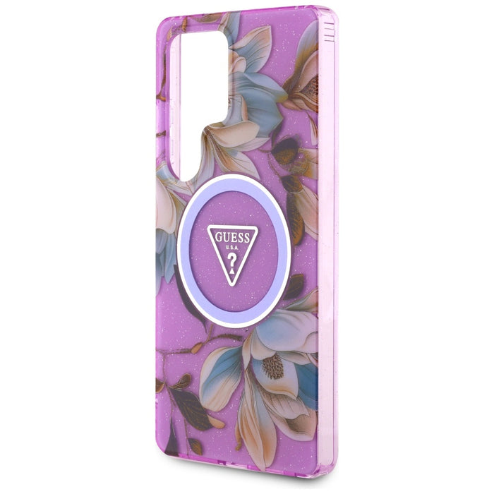 Guess Glitter Flowers Triangle Buttons MagSafe case for Samsung Galaxy S25 Ultra - purple