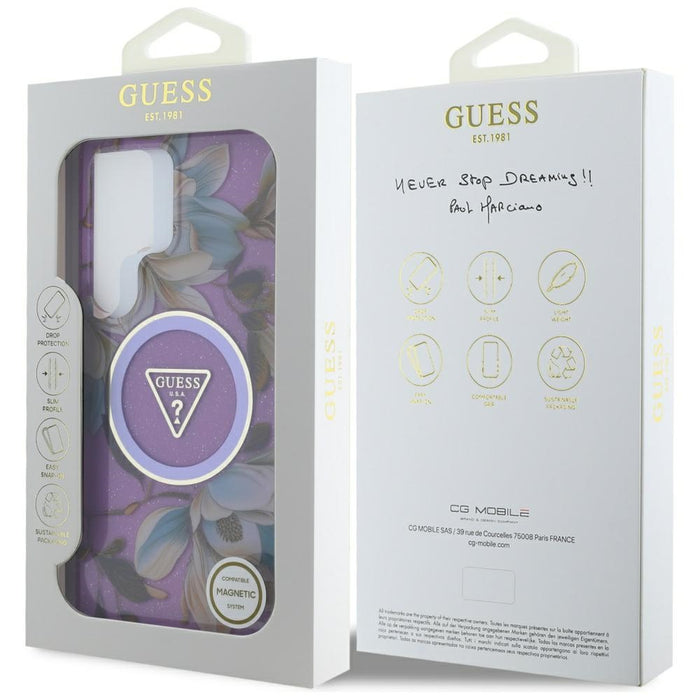 Guess Glitter Flowers Triangle Buttons MagSafe case for Samsung Galaxy S25 Ultra - purple
