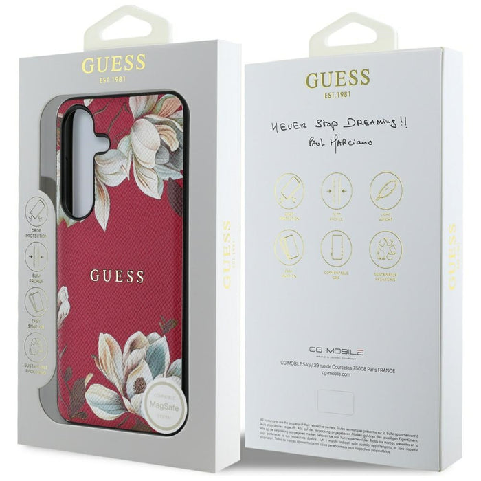 Guess Grained Printed Flower Pattern MagSafe case for Samsung Galaxy S25 fuchsia
