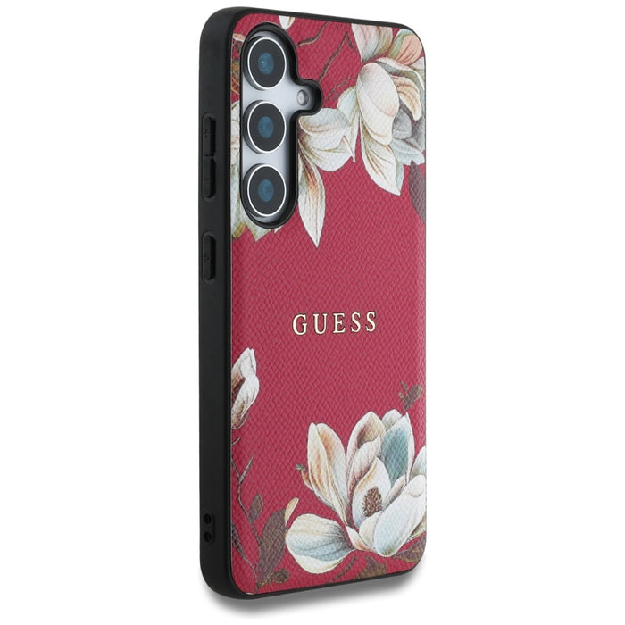 Guess Grained Printed Flower Pattern MagSafe case for Samsung Galaxy S25 fuchsia