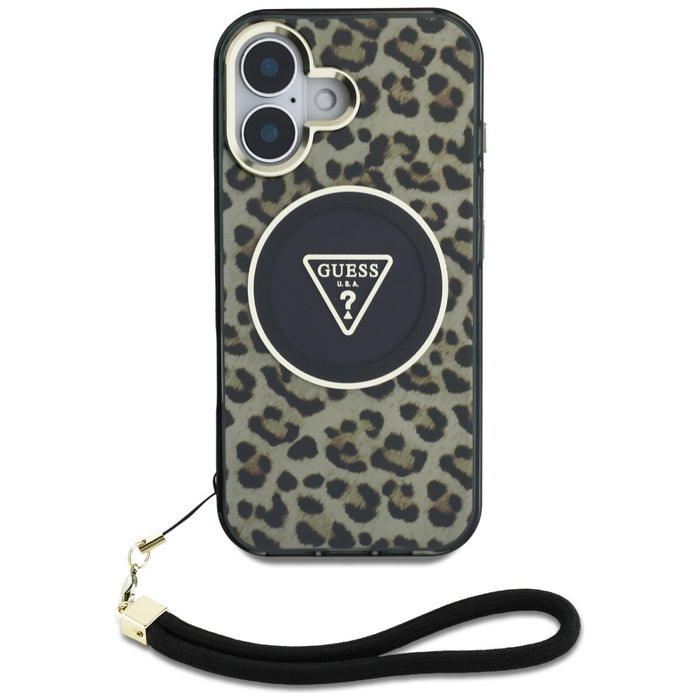 Guess HC IML Leopard Triangle Cord Strap MagSafe iPhone 16 Case - Brown