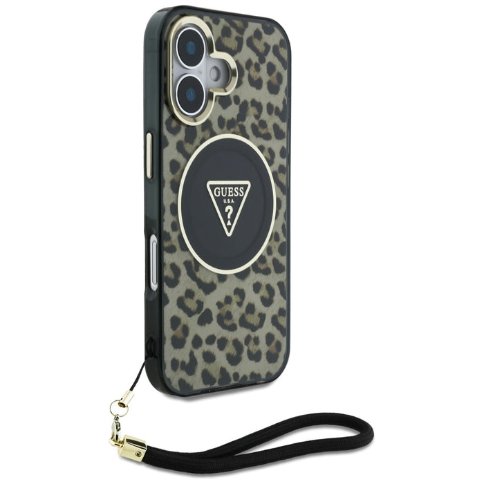 Guess HC IML Leopard Triangle Cord Strap MagSafe iPhone 16 Case - Brown