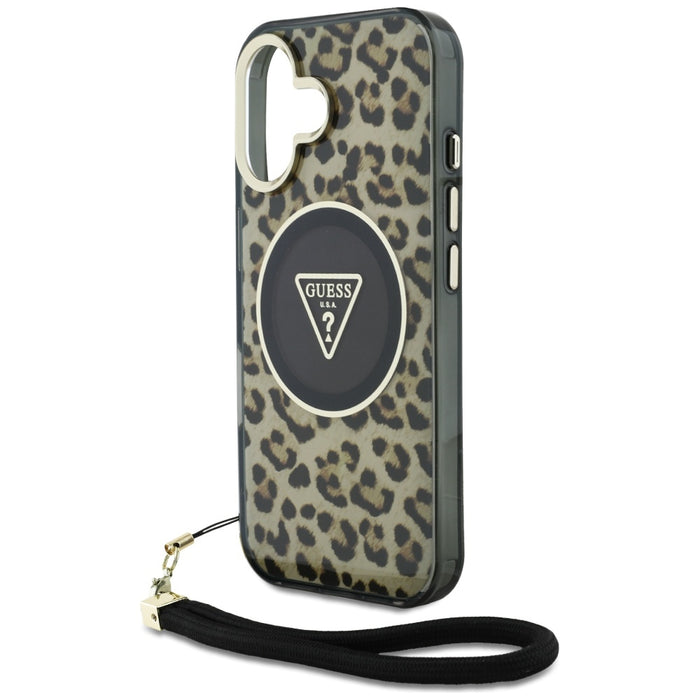Guess HC IML Leopard Triangle Cord Strap MagSafe iPhone 16 Case - Brown