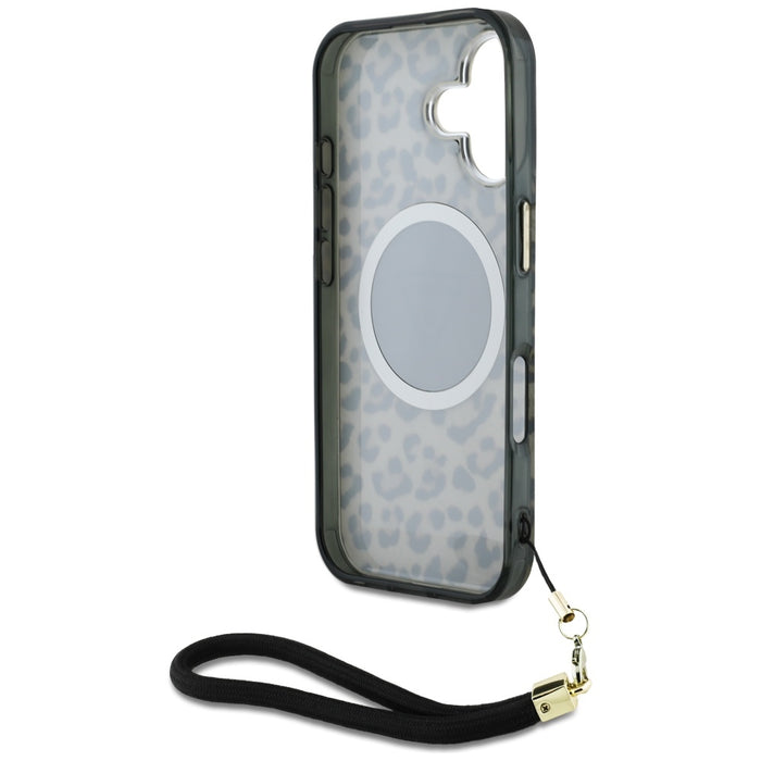 Guess HC IML Leopard Triangle Cord Strap MagSafe iPhone 16 Case - Brown