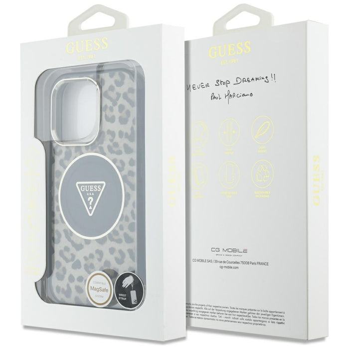 Guess HC IML Leopard Triangle Cord Strap MagSafe Case for iPhone 16 Pro - Brown