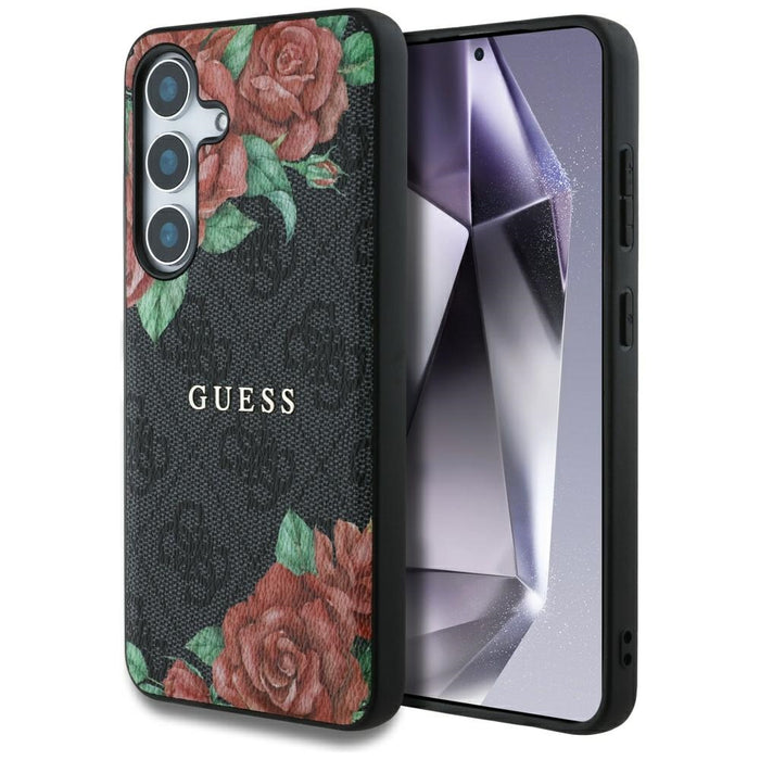 Guess Leather 4G Flowers Print Metal Classic Logo MagSafe Case for Samsung Galaxy S25 - Black