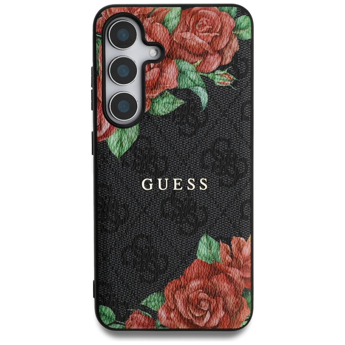 Guess Leather 4G Flowers Print Metal Classic Logo MagSafe Case for Samsung Galaxy S25 - Black