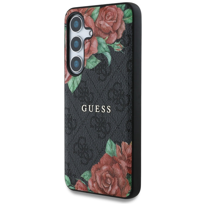 Guess Leather 4G Flowers Print Metal Classic Logo MagSafe Case for Samsung Galaxy S25 - Black