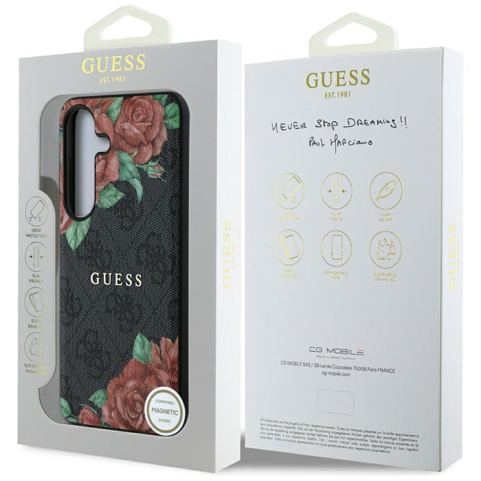Guess Leather 4G Flowers Print Metal Classic Logo MagSafe Case for Samsung Galaxy S25 - Black