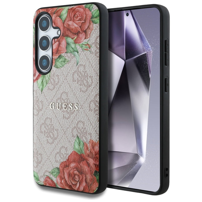 Guess Leather 4G Flowers Print Metal Classic Logo MagSafe Case for Samsung Galaxy S25 - Pink