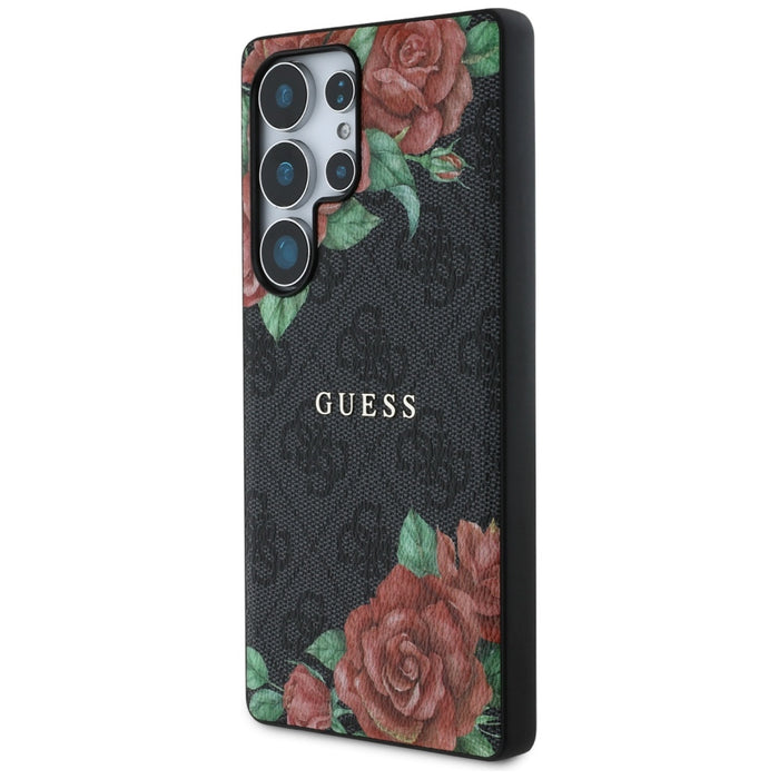 Guess Leather 4G Flowers Print Metal Classic Logo MagSafe Case for Samsung Galaxy S25 Ultra - Black