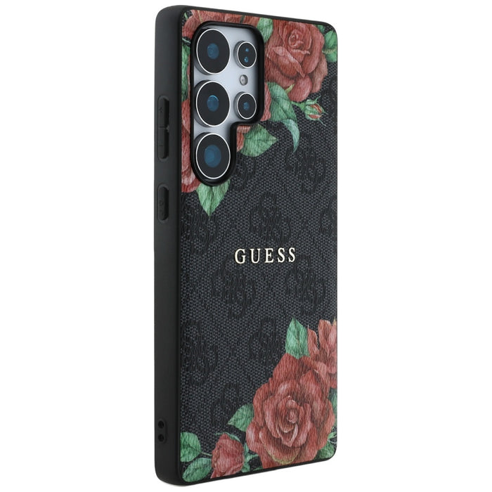 Guess Leather 4G Flowers Print Metal Classic Logo MagSafe Case for Samsung Galaxy S25 Ultra - Black