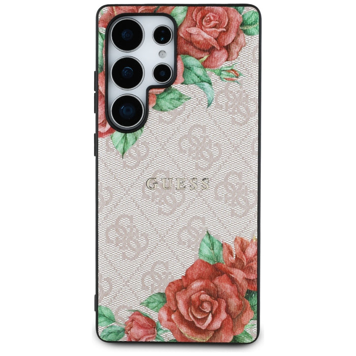 Guess Leather 4G Flowers Print Metal Classic Logo MagSafe Case for Samsung Galaxy S25 Ultra - Pink