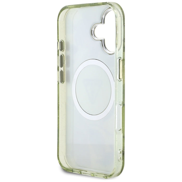 Guess Glitter Flowers Triangle Buttons MagSafe case for iPhone 16 green