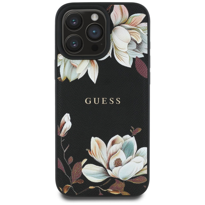 Guess Grained Printed Flower Pattern MagSafe case for iPhone 16 Pro black