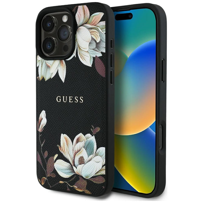 Guess Grained Printed Flower Pattern MagSafe case for iPhone 16 Pro black