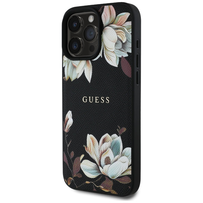 Guess Grained Printed Flower Pattern MagSafe case for iPhone 16 Pro black