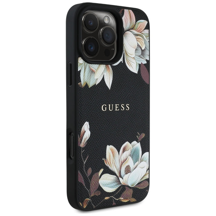 Guess Grained Printed Flower Pattern MagSafe case for iPhone 16 Pro black