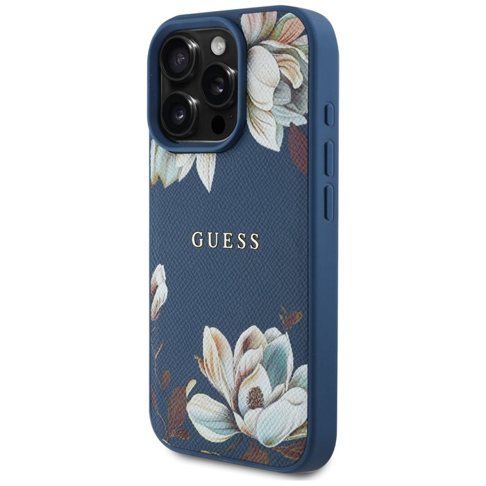 Guess Grained Printed Flower Pattern MagSafe case for iPhone 16 Pro blue
