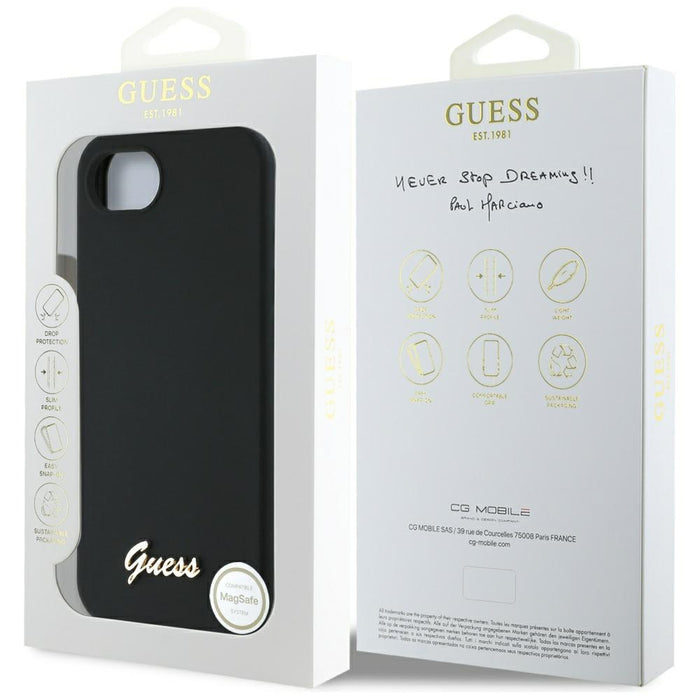 Guess Silicone Script Metal Logo MagSafe iPhone 16e Case - Black