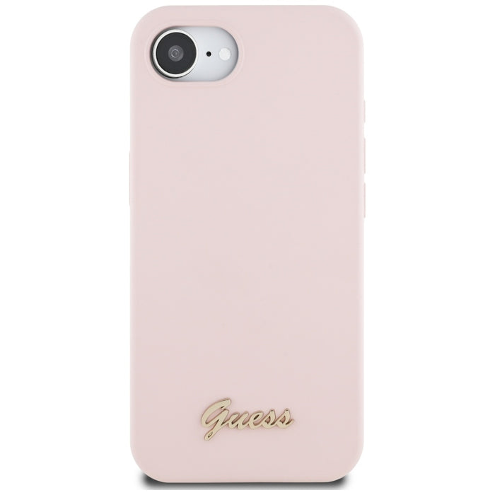Guess Silicone Script Metal Logo MagSafe iPhone 16e Case - Pink