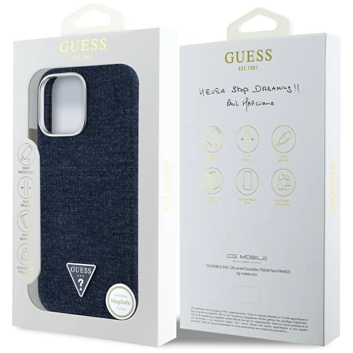 Guess Denim Triangle Logo MagSafe iPhone 16 Pro Case - Blue