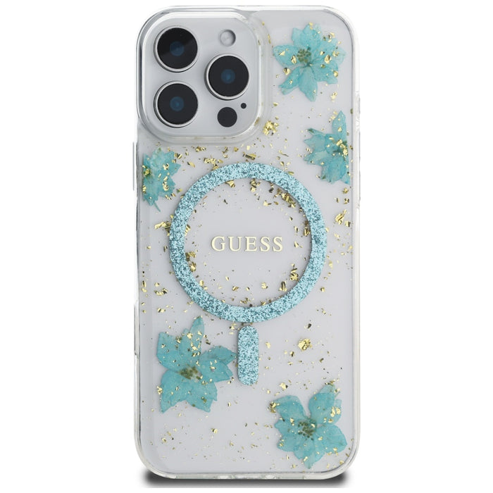 Guess Resin Flowers Glitter MagSafe iPhone 16 Pro Case - Clear Green